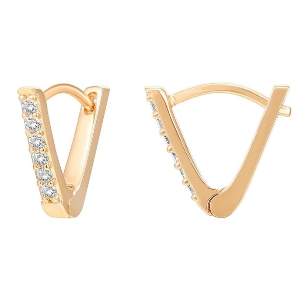 14K Gold Plated V-Shaped Huggie Cubic Zirconia Earrings